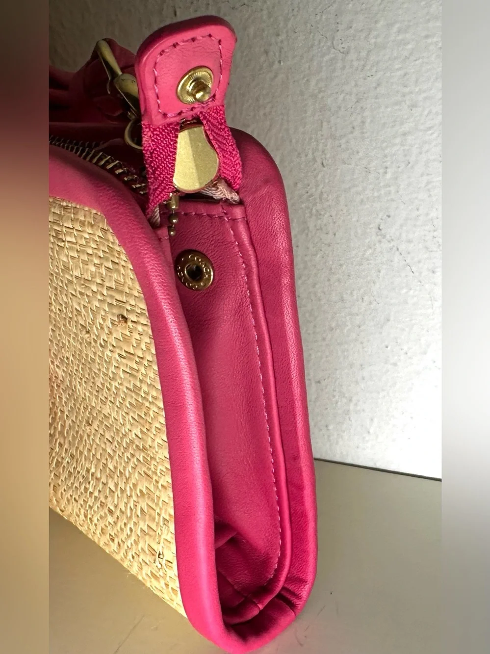 Coach Straw Clutch Wristlet with Fuchsia Trim